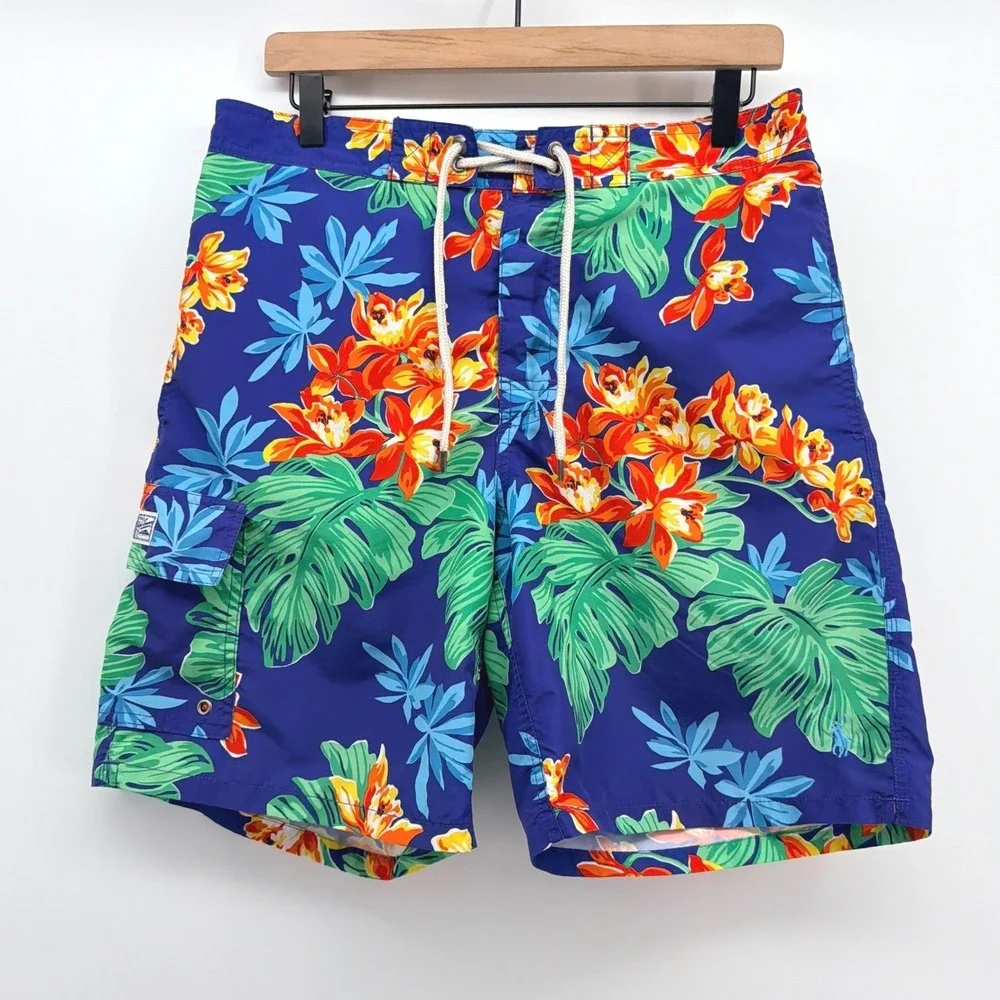 Polo Ralph Lauren Swim Trunks Mens M Blue Floral Tropical Hibiscus Beachwear